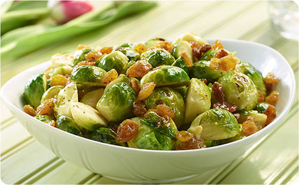 Pan Grilled Brussels Sprouts with Golden Raisins