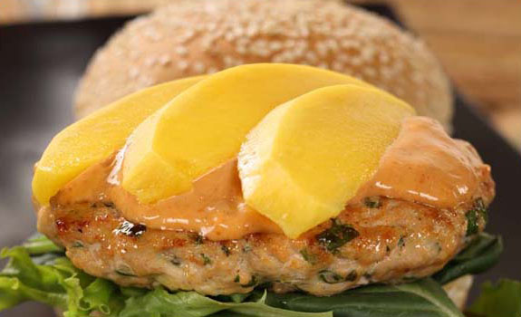 Turkey Burgers with Curry Sauce and Fresh Mango
