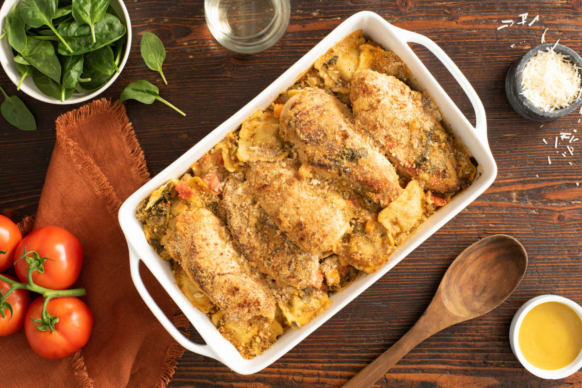 Tuscan Chicken Ravioli Bake