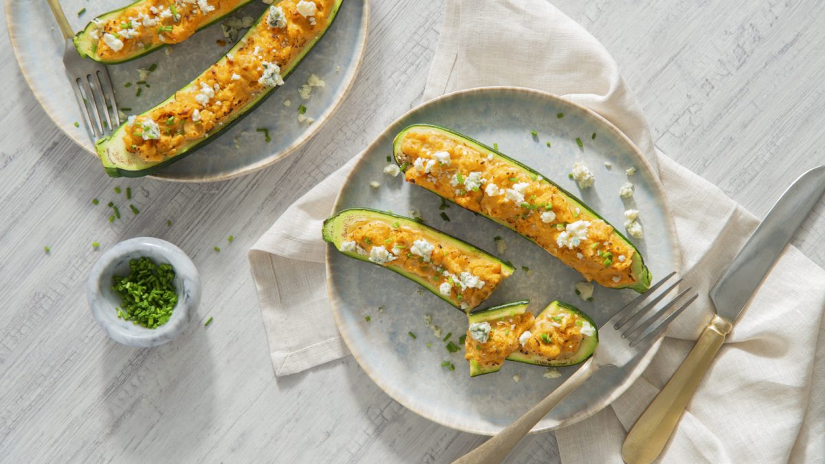 Zucchini Boats Stuffed with Buffalo Chickpeas