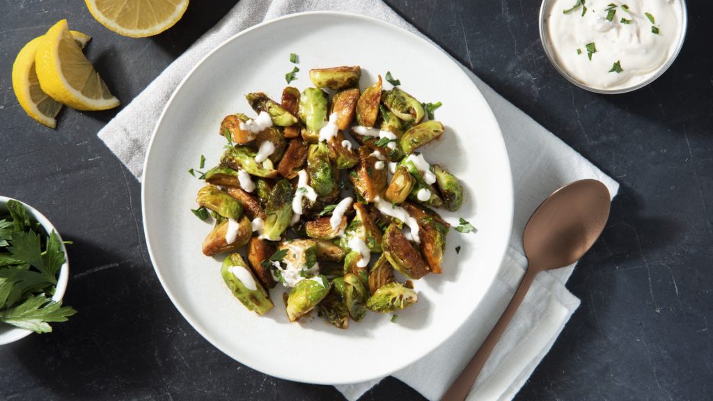 Crispy Roasted Brussels Sprouts with Lemon Yogurt Sauce Better Than
