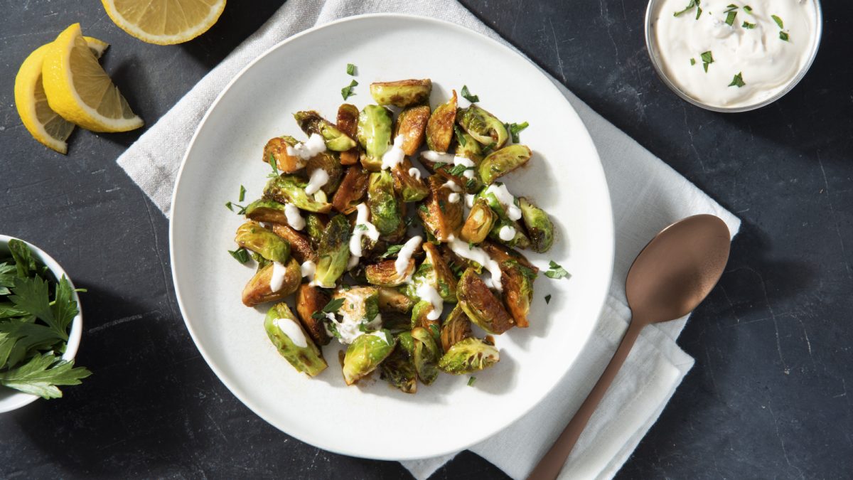 Crispy Roasted Brussels Sprouts with Lemon Yogurt Sauce