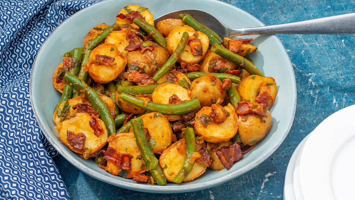 Potato and Green Bean Salad with Warm Bacon Adobo Dressing