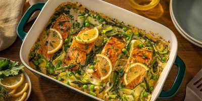 Creamy Salmon Tray Bake with Spring Vegetables recipe