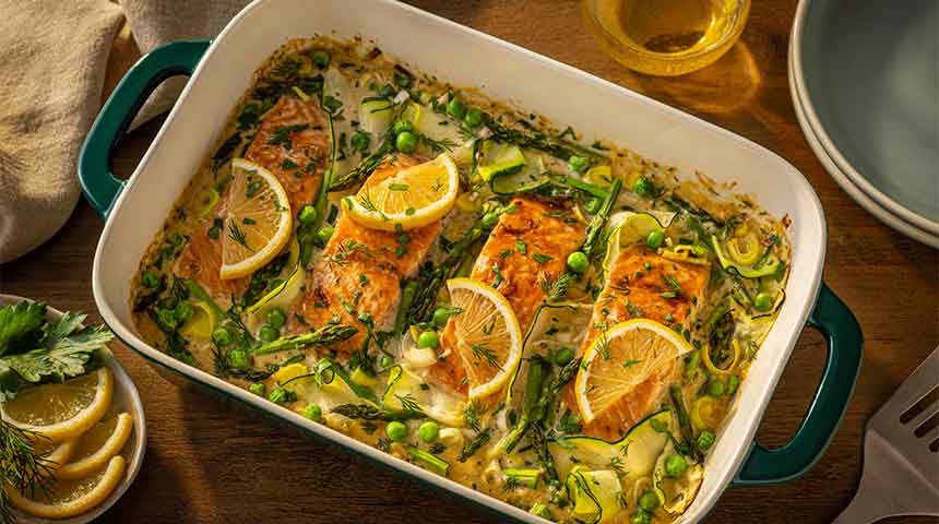 Creamy Salmon Tray Bake with Spring Vegetables